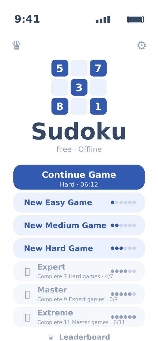 Home screen with level cards and unlock progress