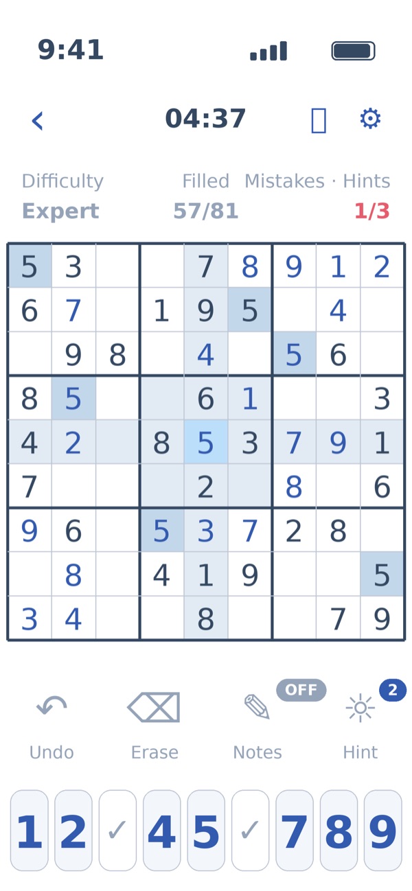 Puzzle in progress with highlighted row, column and box